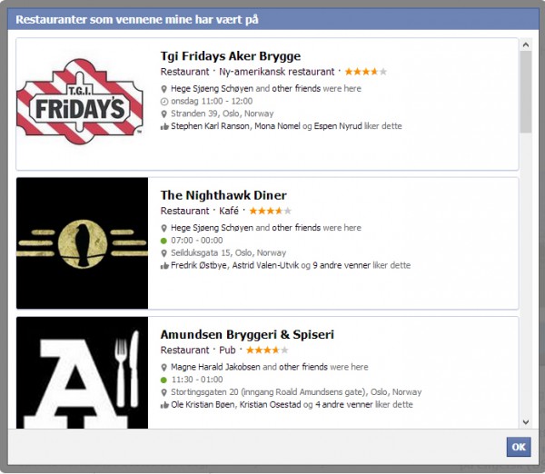Resultatet av søket "Restauranter som vennene mine har vært på" for meg.