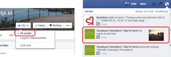 Med "Få varsler" for du et varsel hver gang siden legger ut en ny post.